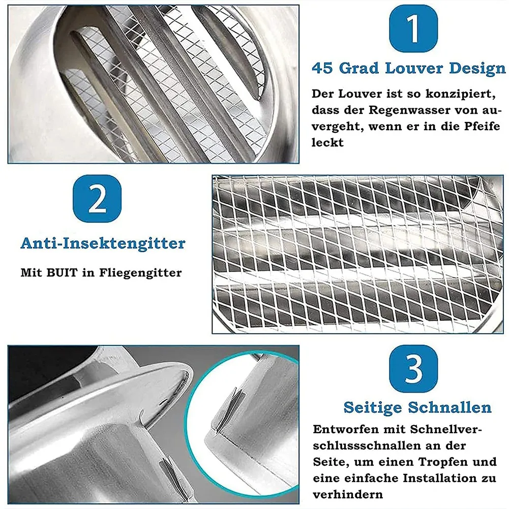 

Silver Stainless Steel Round Brushed Bull Nosed External Extractor Wall Vent Outlet For All Tumble Dryer Vent Pipes / Hoses