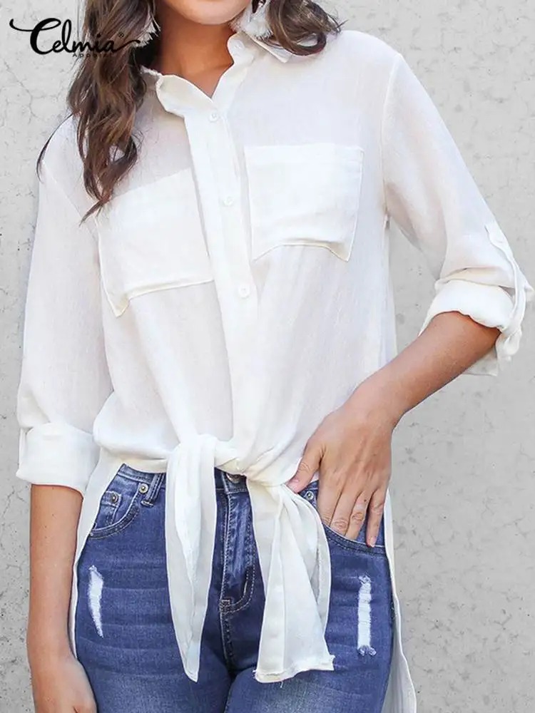 

Celmia Casual Long Shirts Women Elegant Office Lady Tops 2022 Summer Long Sleeve Split Hem Blouse Stylish Party Tunic Blusas