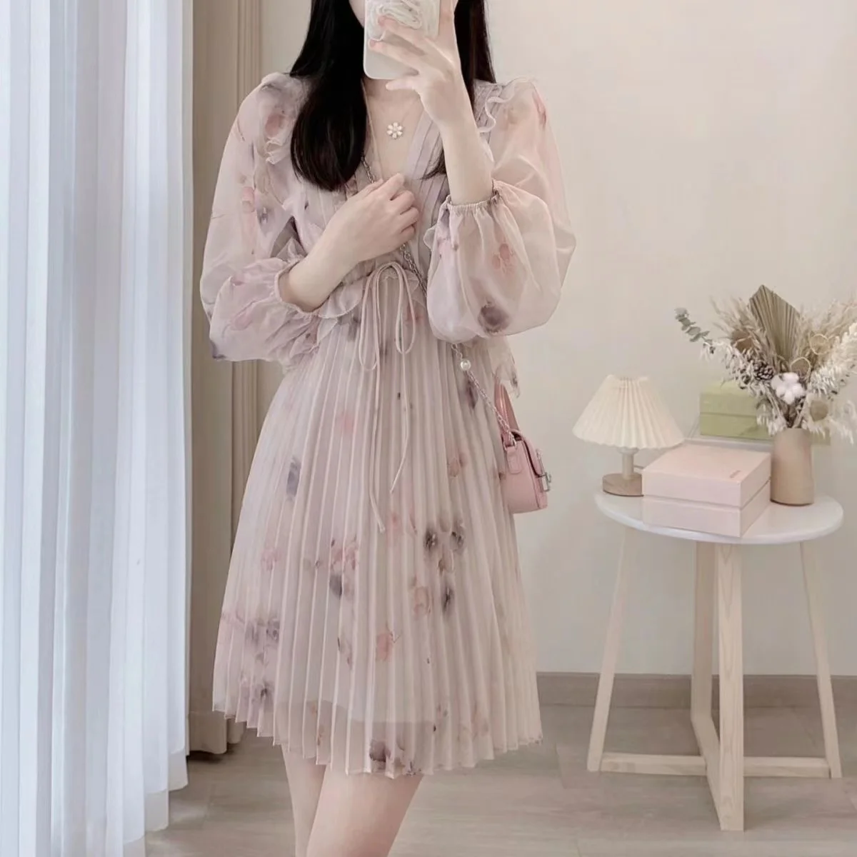 

Women's Spring Floral Dress 2023 New Korean Style Pink Sweet Elegant Lantern Sleeve Slim Midi Dress Party Fashion Female Clothes