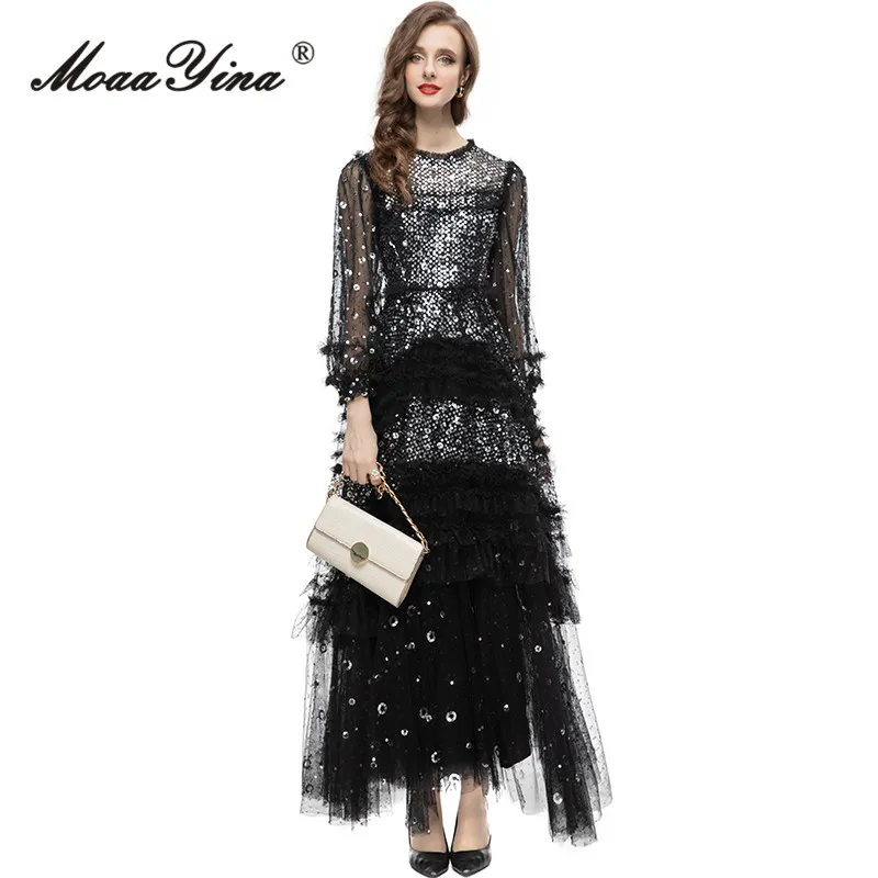 MoaaYina летнее модное Дизайнерское черное винтажное вечерние платье женское с