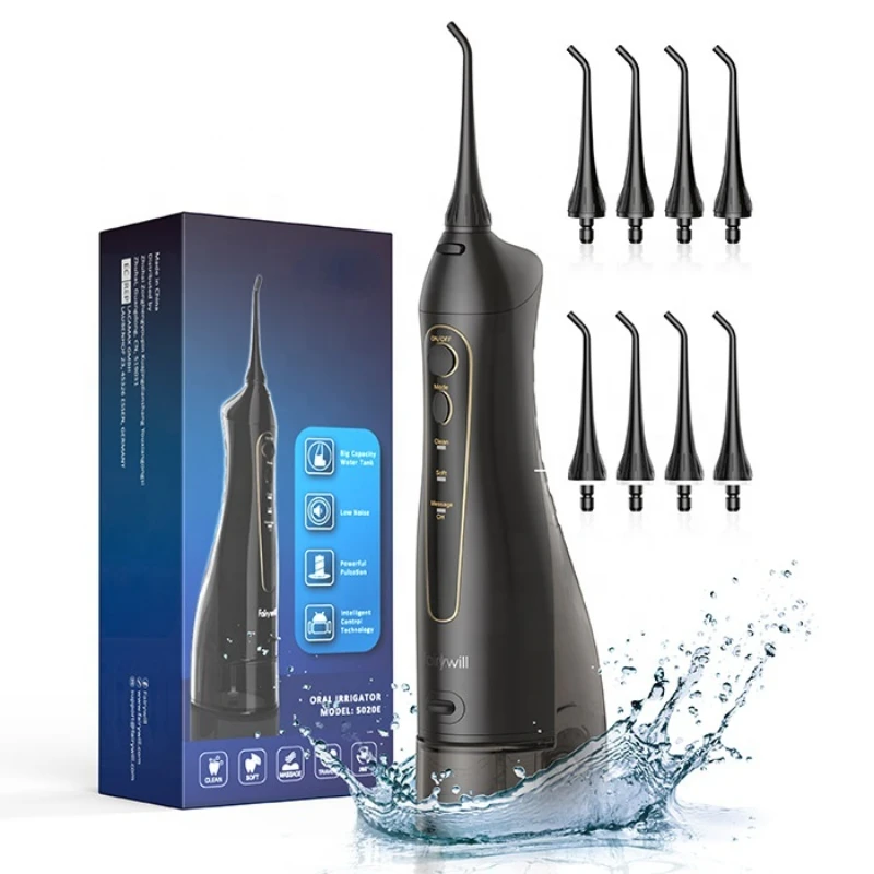 

2022 Portable Cordless Dental IPX7 300ML Oral Electric Irrigator Water Flosser for Travel 8 Nozzles Smart Timing Water Flosser