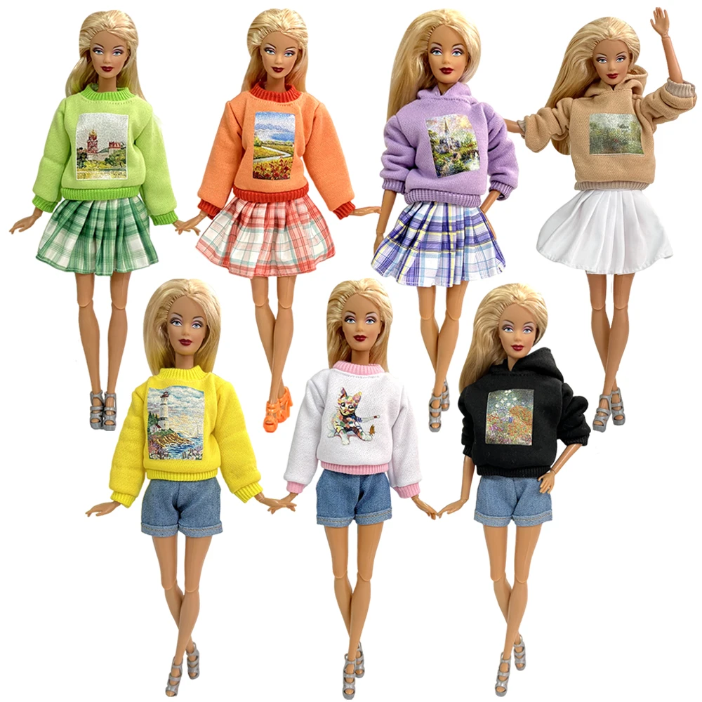 

NK Official Hot 1 Set Kids Doll Naughty Sweater Set Artistic Pattern Split Dress Cool Denim Shorts Clothes For Barbie Doll JJ