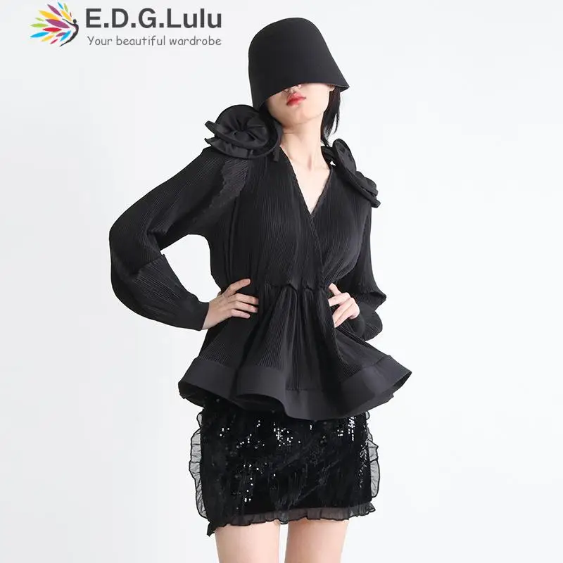 

EDGLuLu V-neck Three-dimensional Flowers Long Sleeve Tops Women's Spring Blouse 2023 Casual Fashion Ruched Black Shirt 0315