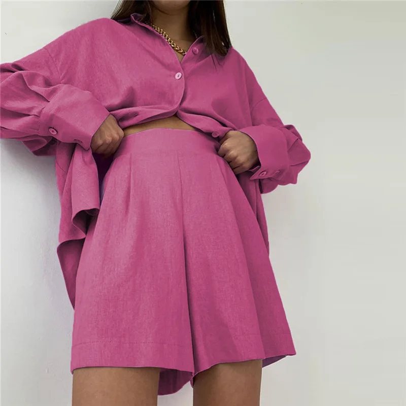 Casual Women Short Set Tracksuit Loungewear Two Piece Women Outfits Oversized Long Shirt And High Waist Shorts Green