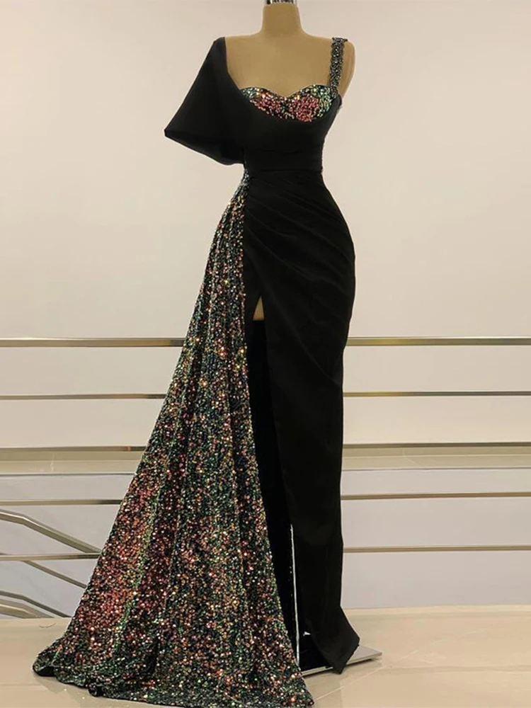 

Женское вечернее платье-Русалка на бретельках, Элегантное Длинное платье с блестками и высоким разрезом, со шлейфом, для выпускного вечера, ...