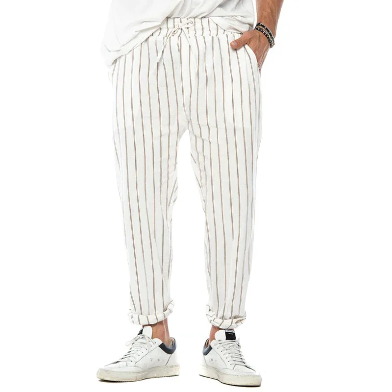 

2023 Cross border Vertical Stripe Cotton Hemp Pants Men's Straight Tube Loose Fashion Casual Pants