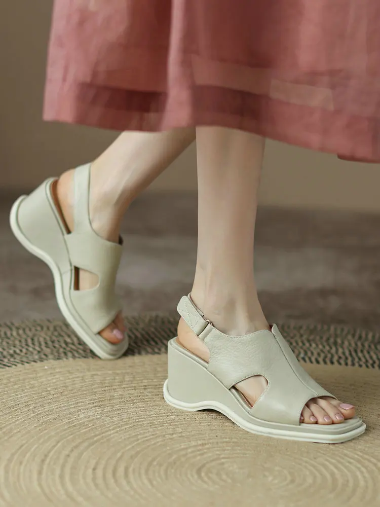 

EshtonShero Women's Sandals Summer Wedge High Heels Women Genuine Leather Shoes Sandals Party Slingback Buckle Platform Pumps