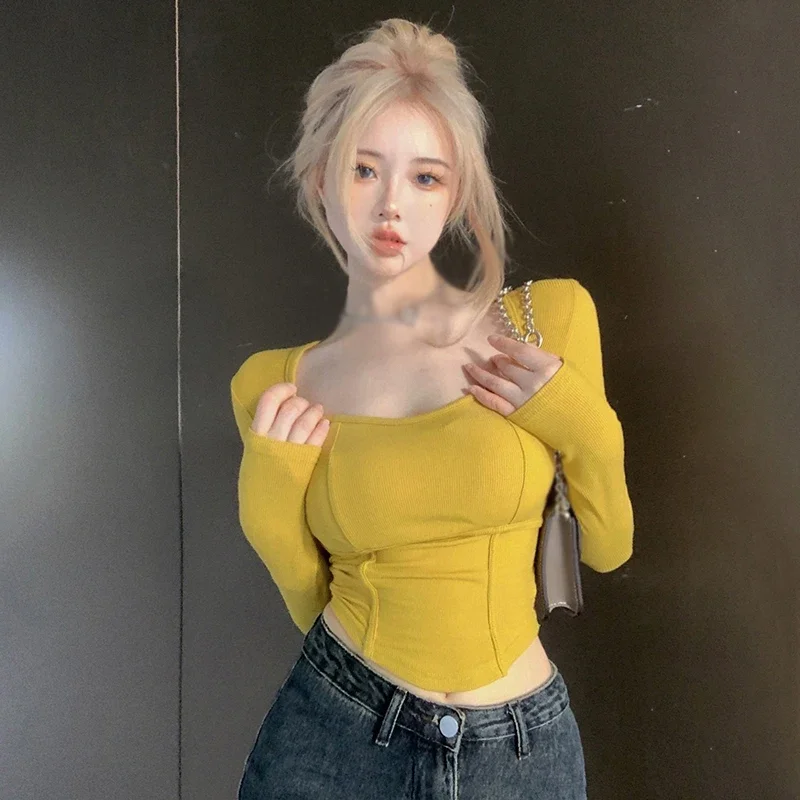 Осенняя тонкая сексуальная однотонная нерегулярная женская футболка с