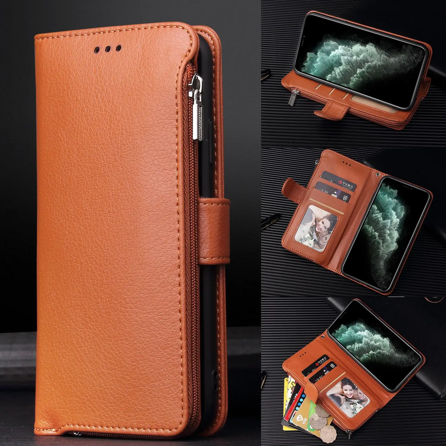 

Кожаный чехол-книжка для телефона iPhone 14 13 Pro Max Plus 12mini 11, кошелек с защитой от падения, защитный чехол на молнии с отделением для карт