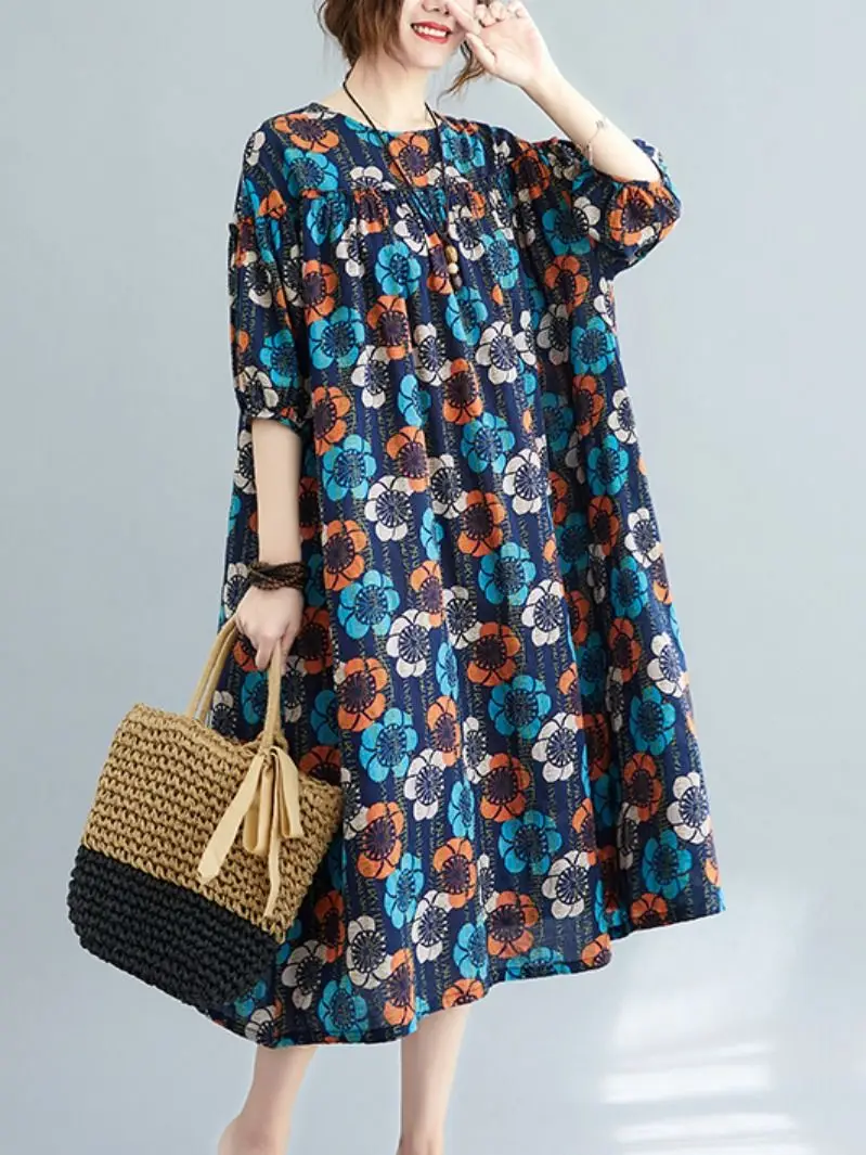 

New Cotton Print Floral Summer Women Dress Loose Print Casual Short Sleeve Dress Fashion Elegant Straight Long Dresses Robe