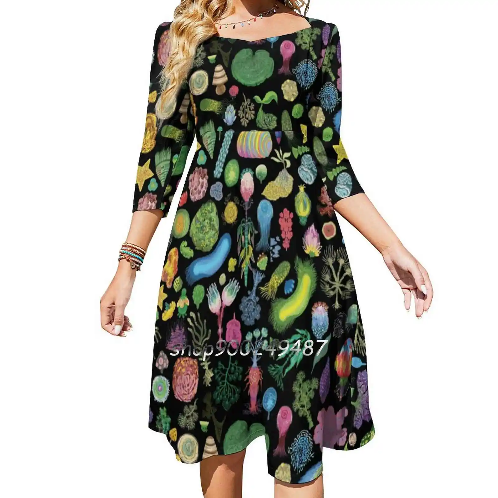 

Ocean Slugs & Tasty Cacti Sweetheart Knot Flared Dress Fashion Design Large Size Loose Dress Fantasy Organic Plants Repeat