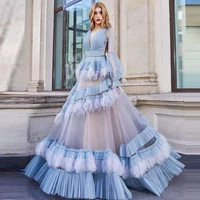 see through v neck prom dress light blue long sleeve tulle ball gown long evening dresses with feather ruffles elegant dress