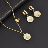 fashion ins white shell butterfly round pendant stainless steel necklace earrings for women wedding party jewelry set