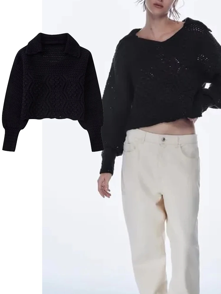 

TRAF 2022 Women Sweater Cropped Knitted Sweaters Woman Autumn Long Sleeve Loose Causal Pullover Warm Tops