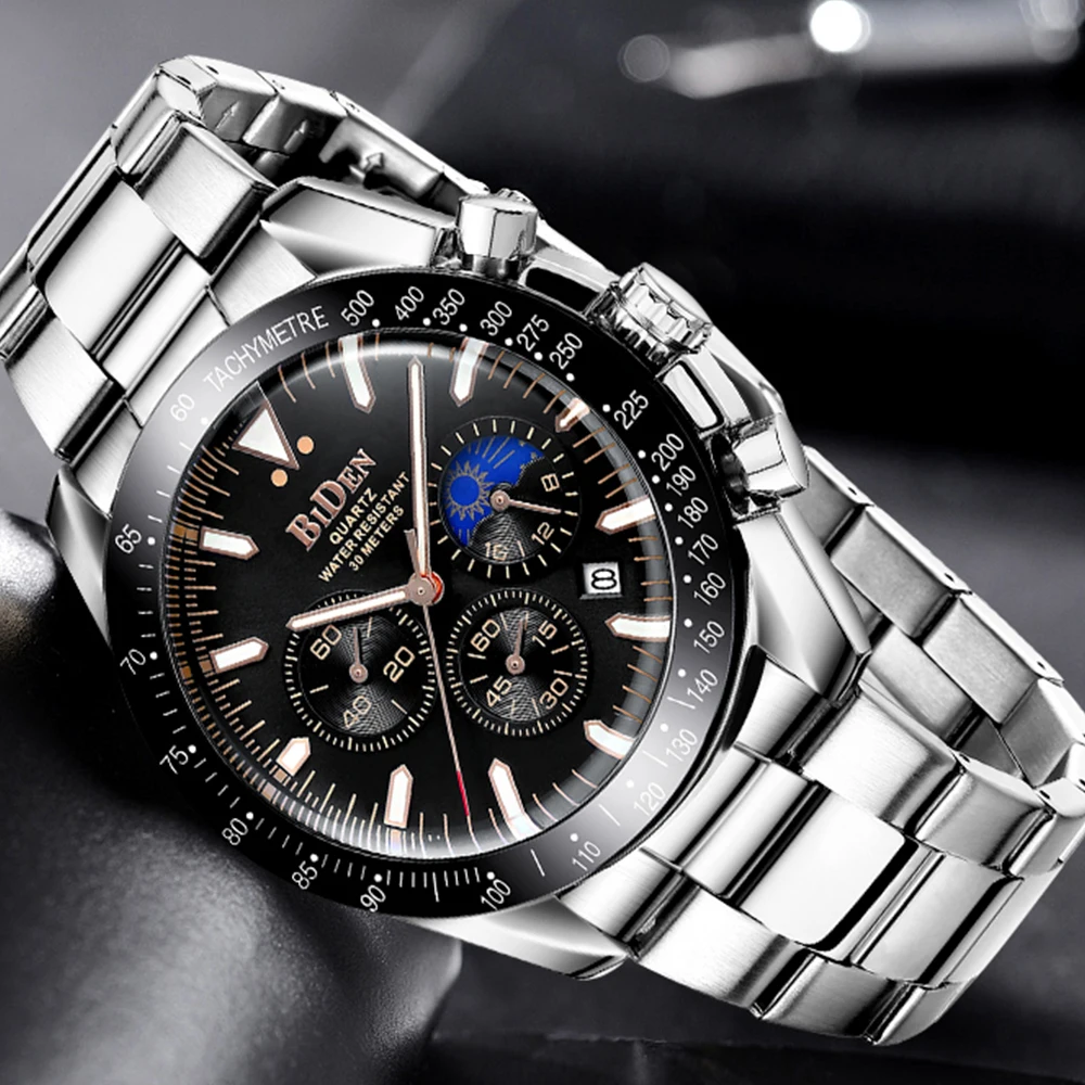 

Часы наручные мужские с хронографом, многофункциональные спортивные из нержавеющей стали