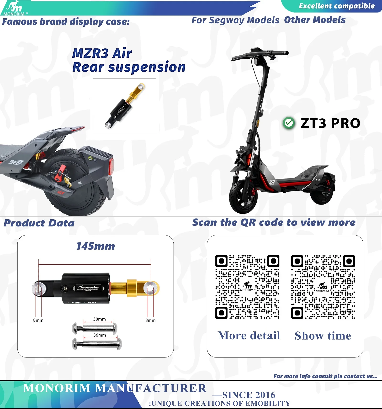 

Задняя пневматическая подвеска Monorim MZR3 Pro специализируется для подвески с воздушной регулировкой Segway ZT3 Pro.