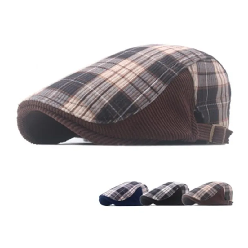 

Adjustable Newsboy Hat Men's Plaid Mosaic Vintage Fashion Beret British Autumn And Winter Velvet Warm Duck Tongue Forward Hat