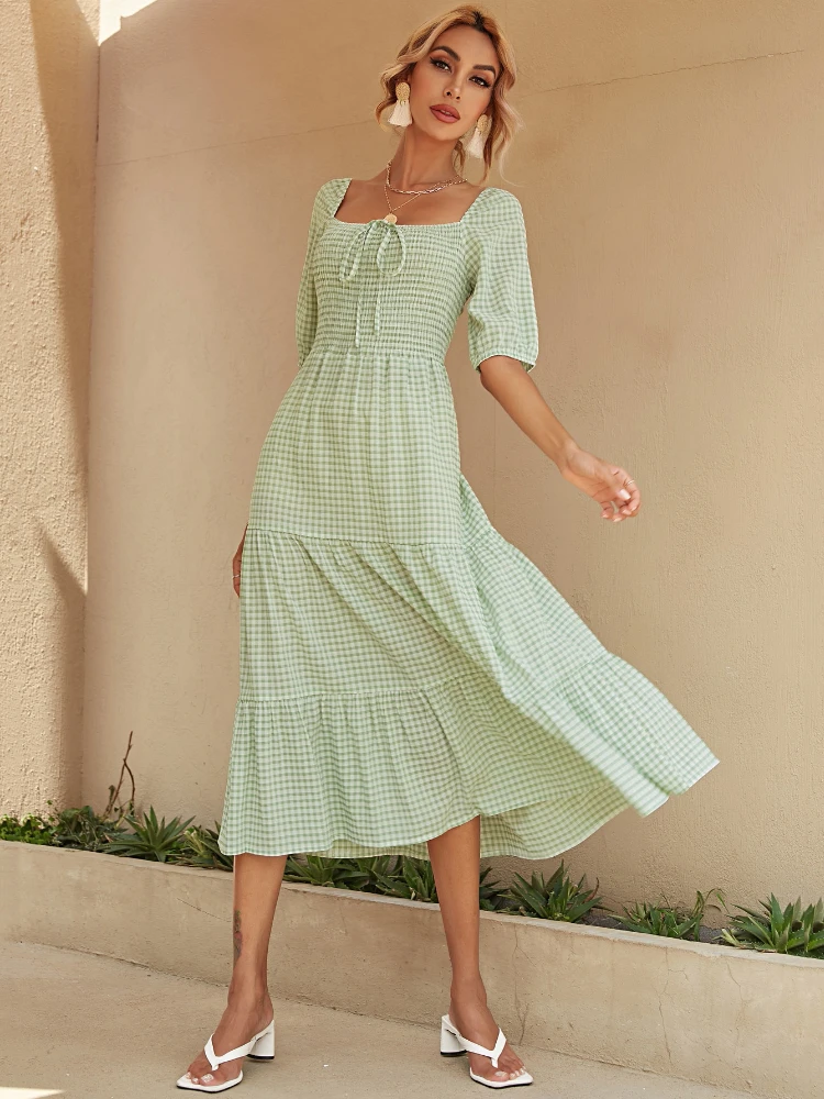 

Women Plaid Casual Puff Sleeve Backless Summer Midi Dresses Female Square Collar Lace Up Printed Dress