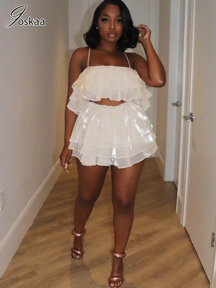 

Женский комплект из двух предметов Joskaa, комплект из органзы на тонких бретельках, топ на груди и шорты, юбки, подходит для лета 2023, уличная одежда в стиле Харадзюку