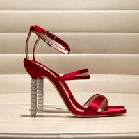 red silk thin straps silver frosting beads heels sandals wedding high heels cutout open toe metal beading heels banquet shoes