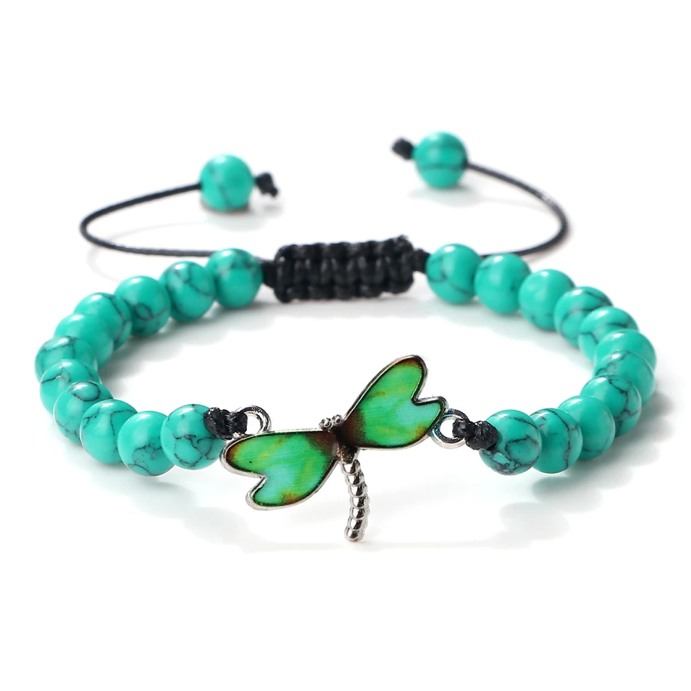 

Trendy Green Dragonfly Pendant Adjustable Bracelet Natural Stone Bead Braided Bracelets Fashion Simple Men Women Jewelry Pulsera