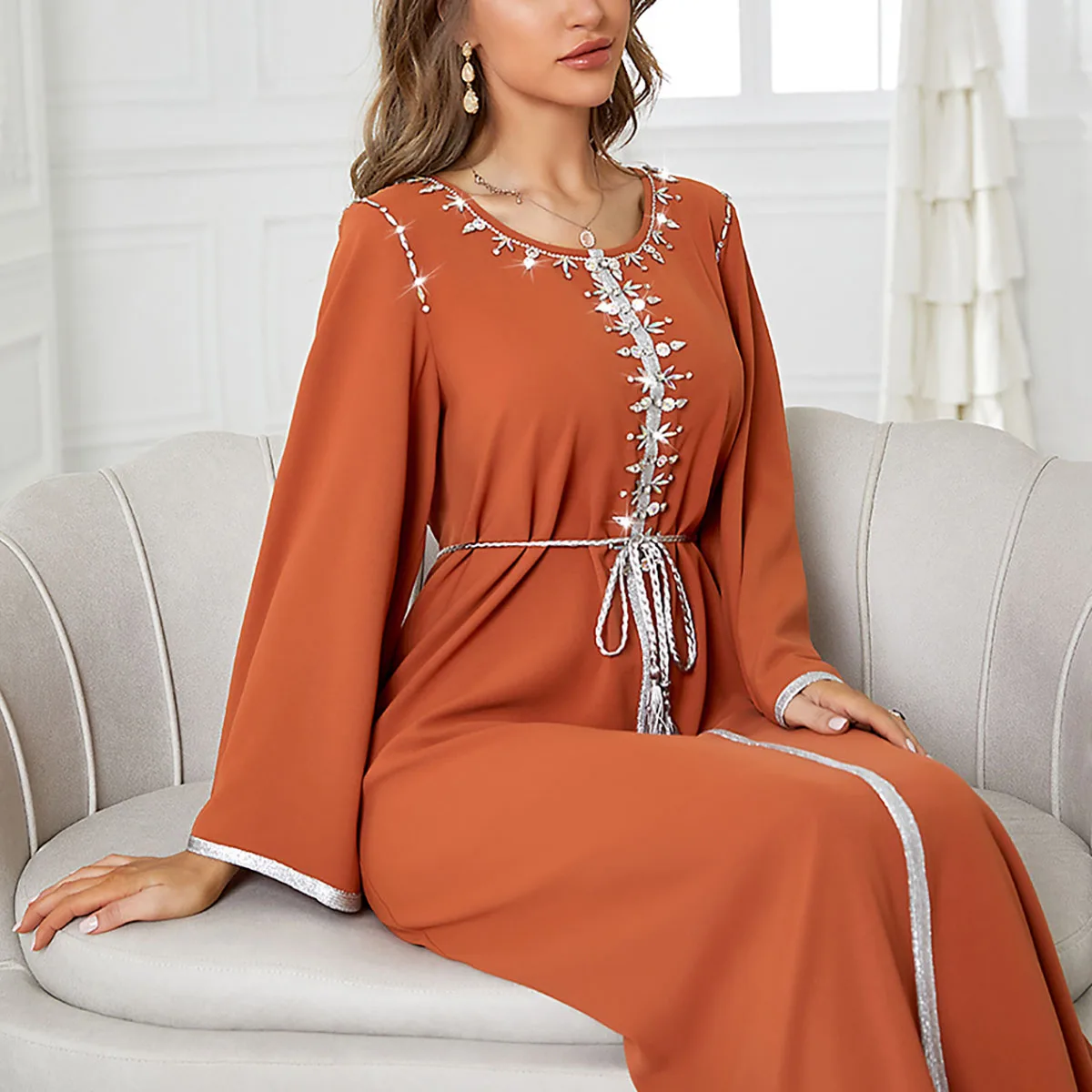 New Arrival Women Round Neck Symphony Rhinestone Middle East Kaftan Dress Abaya
