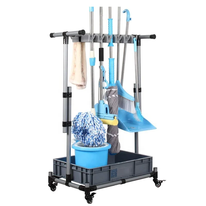 

Broom And Mop Holder Put Wet Mops Movable Floor-Mounted Mop Rack Floor Standing Cleaning Tool Cart Storage For Hotels