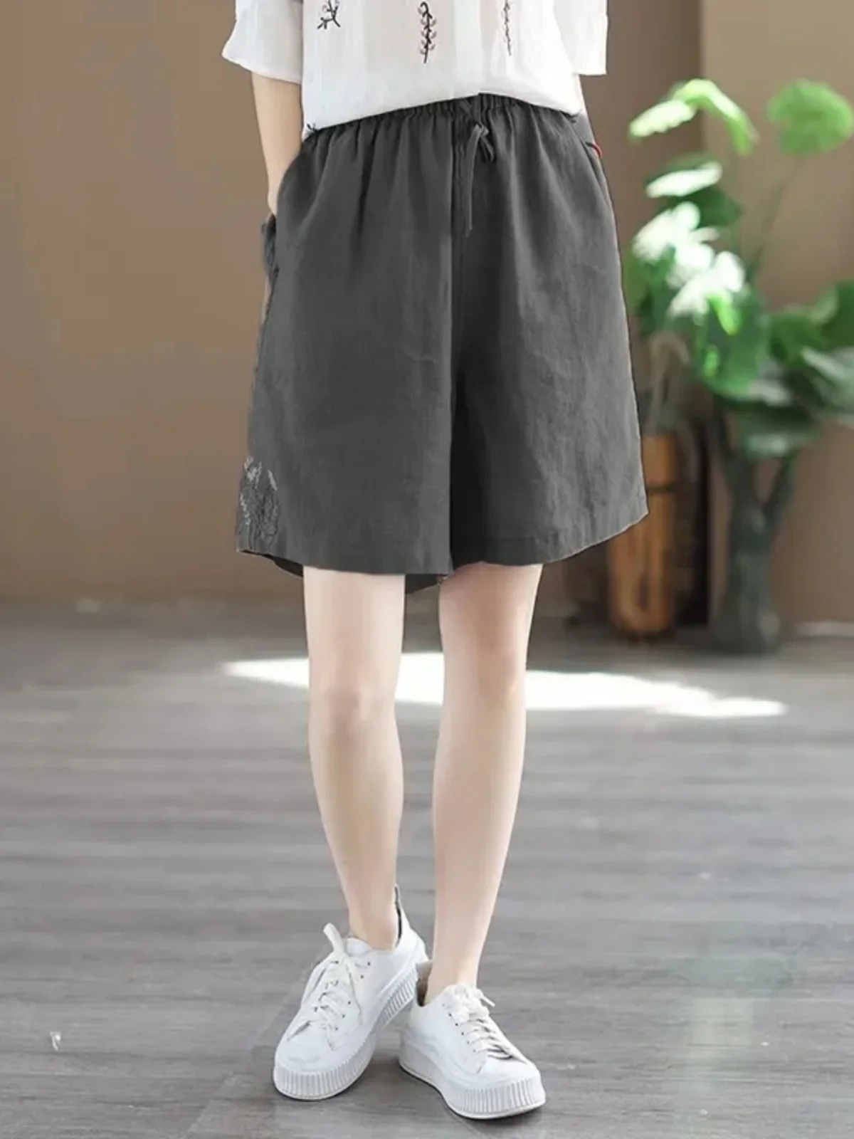 Хлопковые и льняные шорты весна-лето женские брюки с вышивкой модные широкие