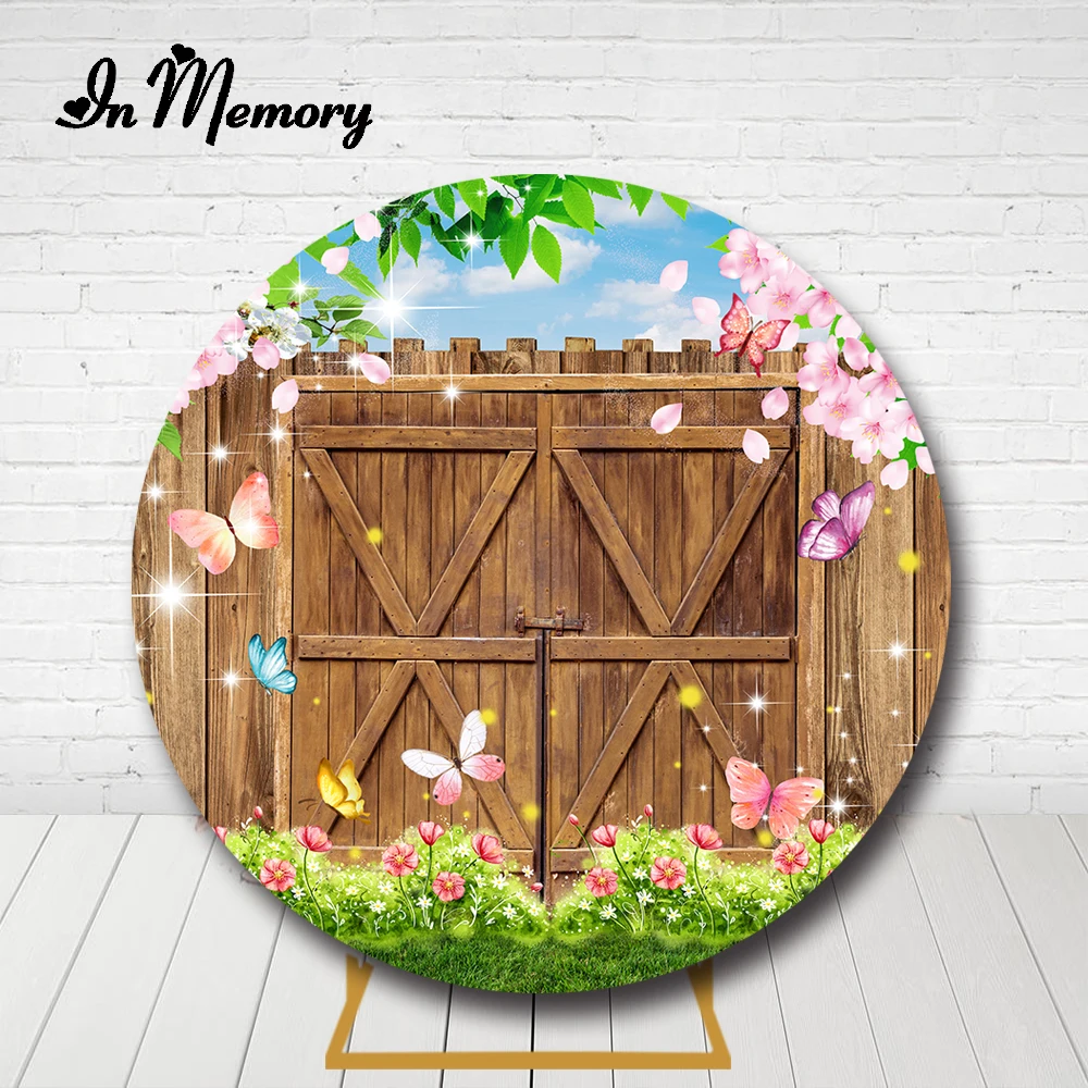 

InMemory Spring Flowers Butterfly Wooden Door Round Backdrop Cover Girls Birthday Party Photography Background Banner Elastic