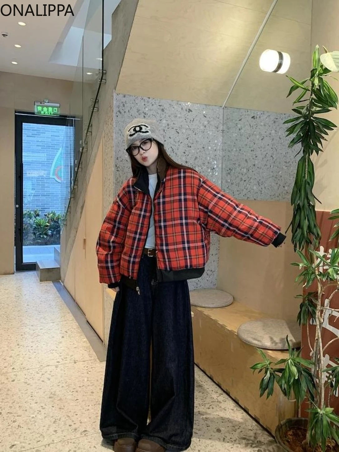 Женское Стеганое пальто Onalippa красное двухстороннее свободное зимнее с высоким