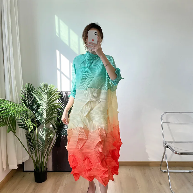 Women Loose Gradient Elegant Dresses Pleated Summer Female Casual Fashion Folds Mid-Length Oversized Dress Clothes