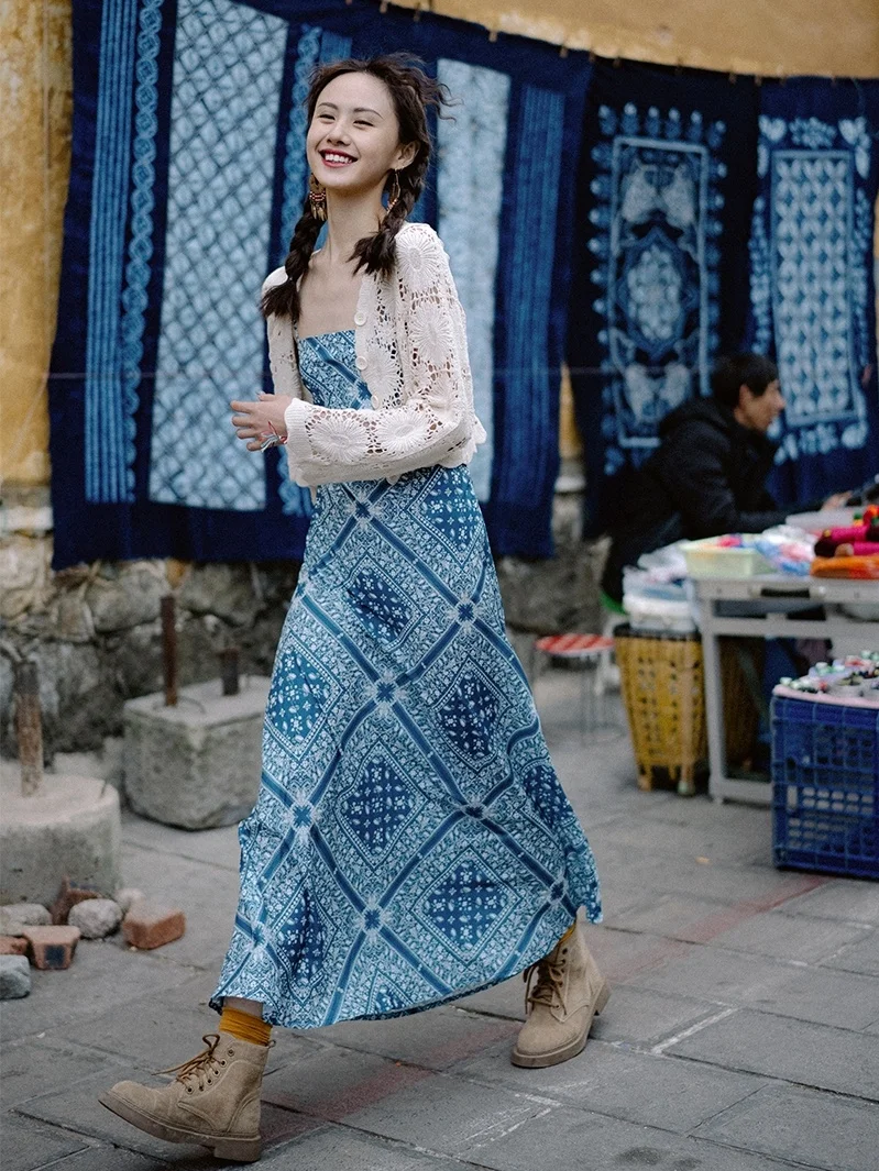 

Holiday Backless Dress Super Fairy Ethnic Style Suspender Dress Beach Seaside Elegant Blue Chiffon Dress