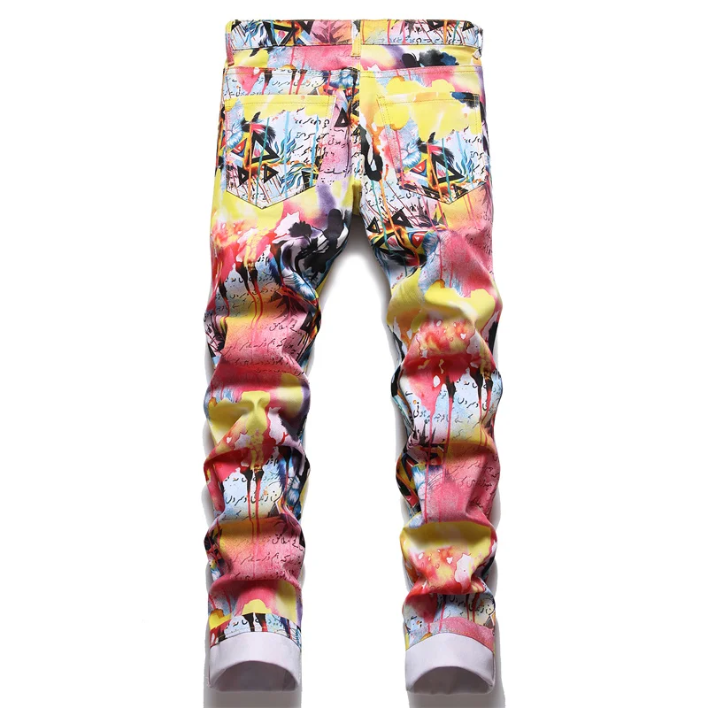 Men's Colorful Graffiti Printed Jeans Y2K Colorful Slim Fit Tapered Elastic Casual Pants Fashion Street Clothing Small Foot Pant