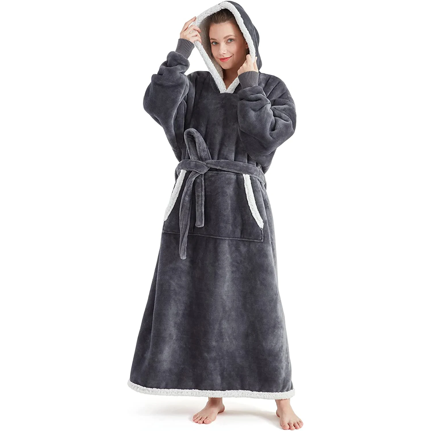 

Wearable Blanket Hoodie Sweatshirt with Hood Pocket Sleeves Flannel Sherpa Fleece Oversized Gift for Adults Women Men Wife Mom