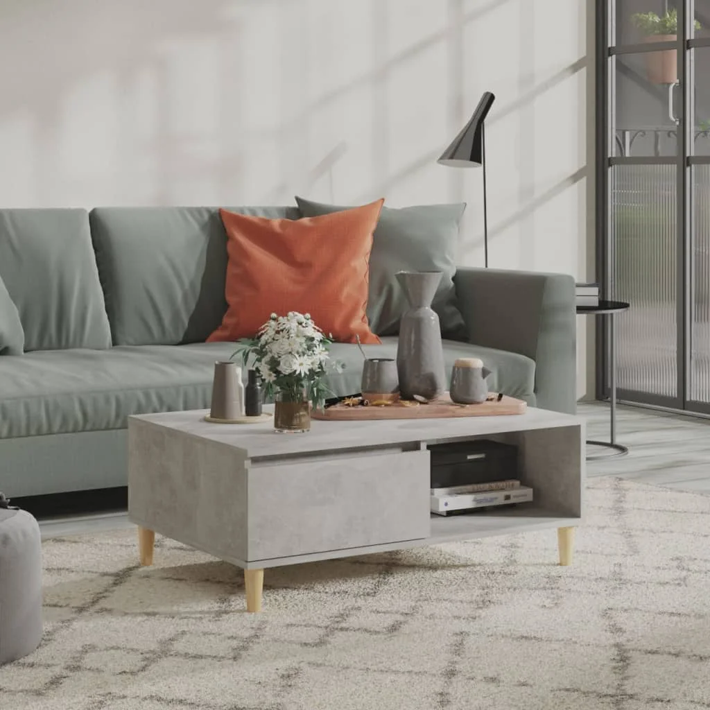 

Coffee Table with solid eucalyptus wood Legs, Chipboard Tea Table, Livingroom Furniture Concretre Grey 90x60x35 cm