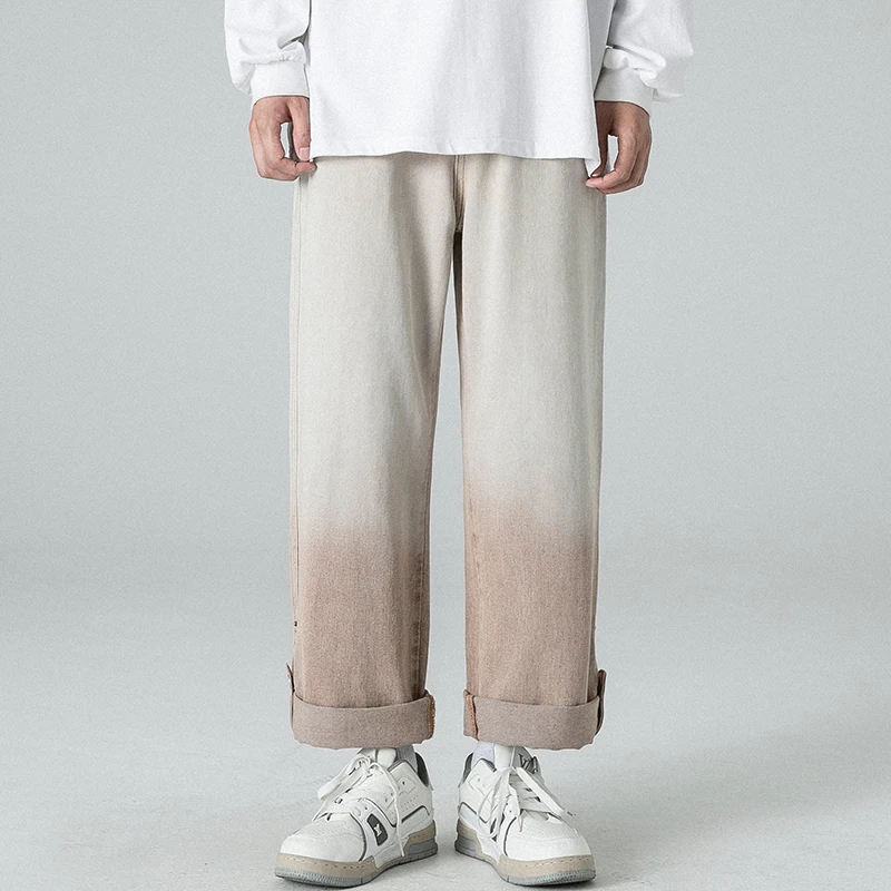 Brown Blue Black Jeans Men Fashion Gradient Straight Jeans Men Japanese Streetwear Hip-hop Loose Denim Pants Mens Trousers M-2XL