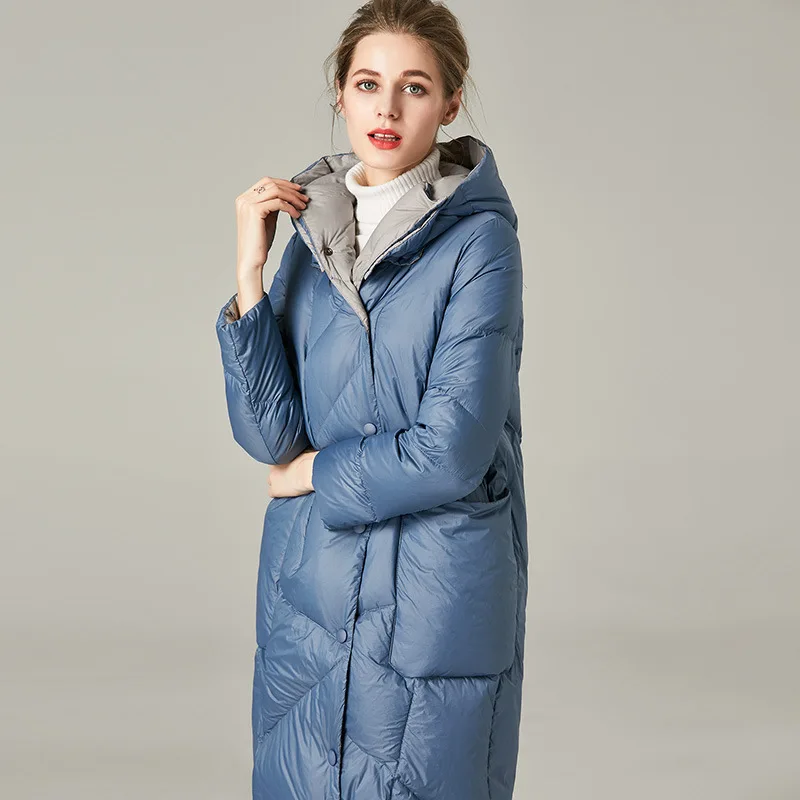 Down jacket women's medium length 2022 new autumn and winter hooded thickened fashion loose cocoon blue coat wholesale enlarge