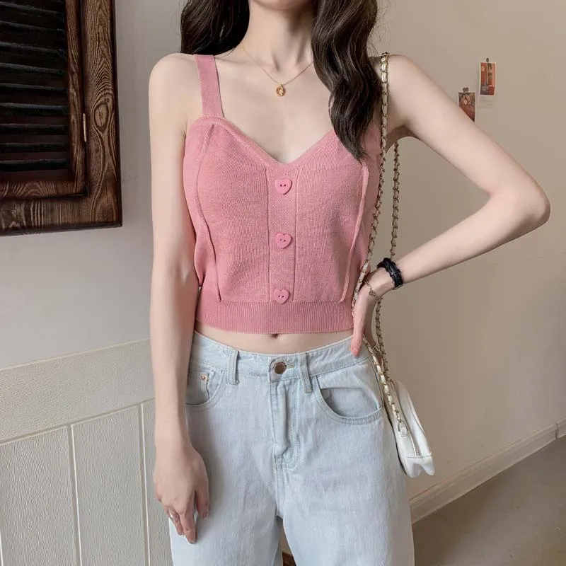 Boring Honey Single-Breasted Button V-Neck Chic Short Top Women Spring And Summer Sling Vest Knitting Fashion Clothes |