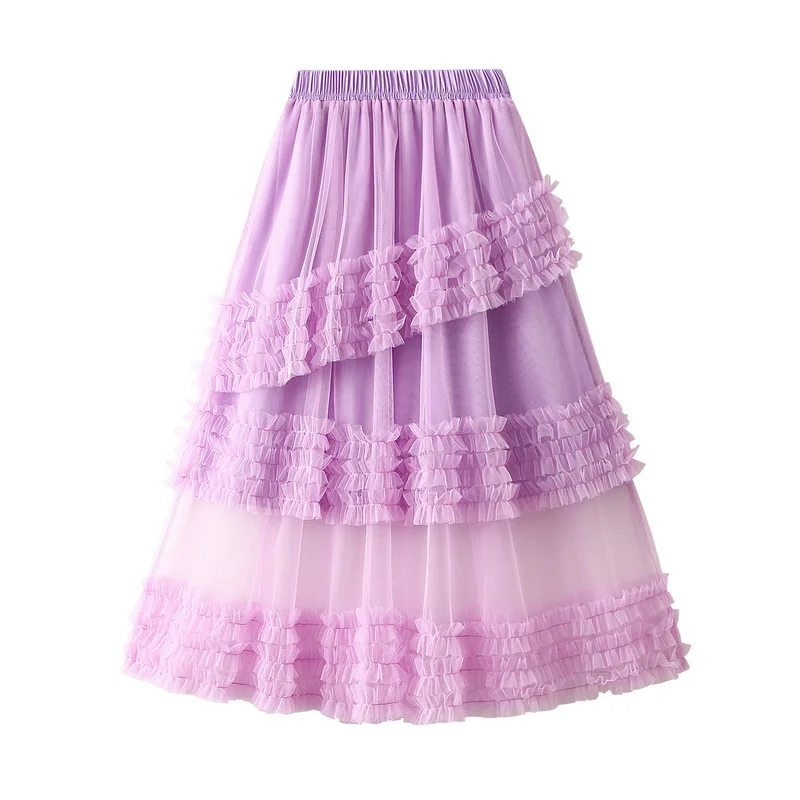 

Women Multilayer Tiered Tutu Tulle Fungus Edge Skirt New Korean Fashion Beautiful Solid A-Line Mesh Long Skirt Female