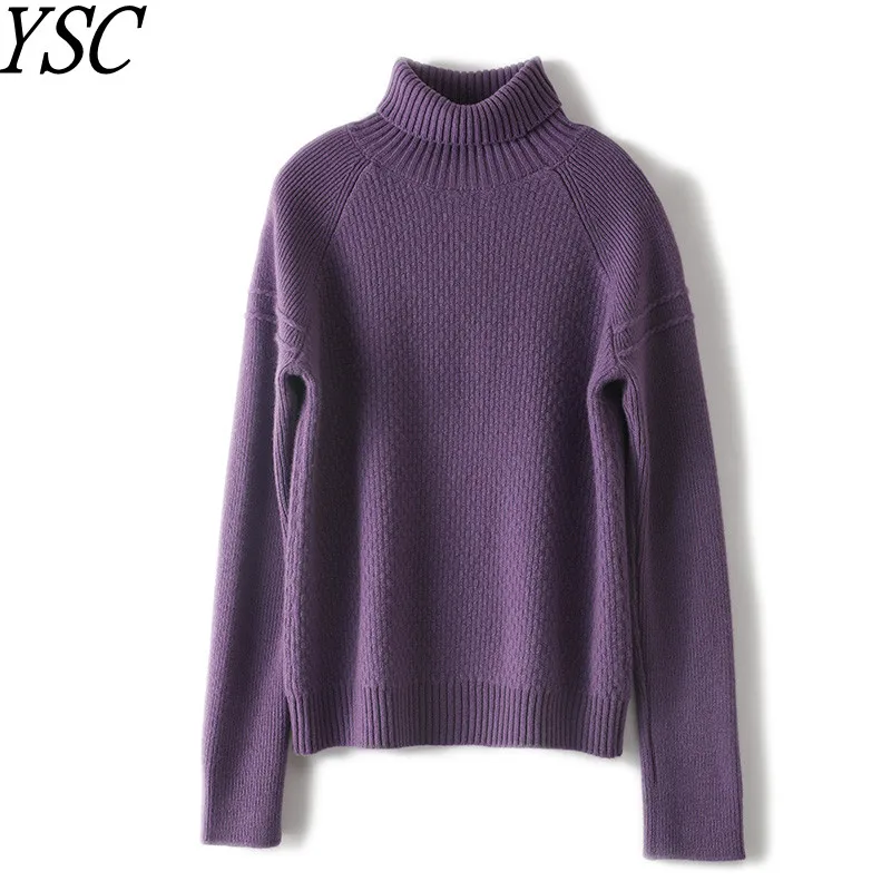 

YSC Women Seven needle knitting 100% Pure wool sweaters High collar Long sleeve drawstring style high-quality keep warm pullover