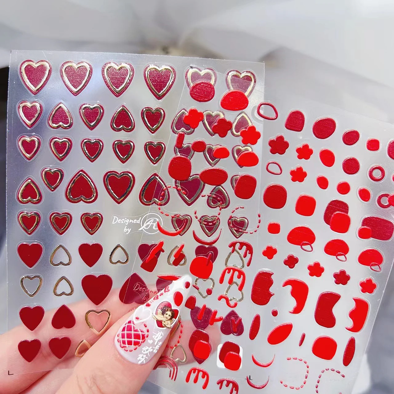 

Red Heart Press on Nails Stickers 5D Engraved Love Letters Transfer Nail Decals DIY Angel Art Decoration Nails Manicure Decor