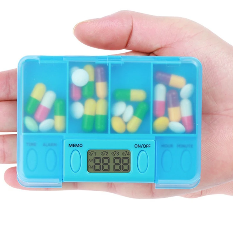 

4 Grid Pill Box Medicine Storage Boxes Electronic Timing Reminder Medicine Boxes Alarm Timer Pills Organizer Pill Drug Container