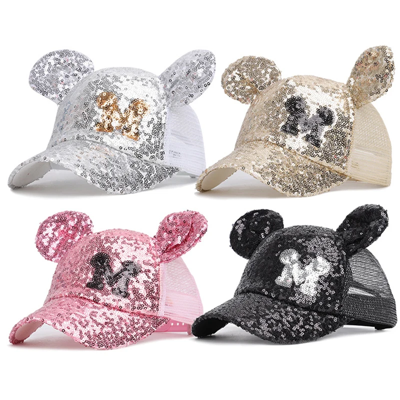 

Disney Mickey Mouse Hat Kids Peaked Cap Sequins Letter Patterns Baseball Hat with Ear Decors