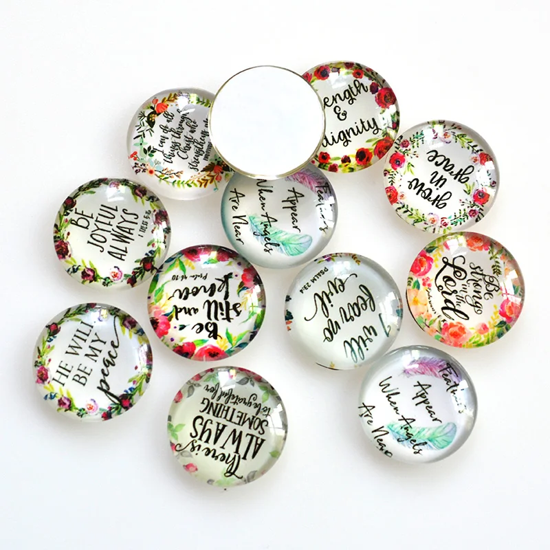 

FLTMRH Random Mix English Letters Pattern Round Glass Cabochon 20mm 25mm Dome Flat Back DIY Jewelry Finding