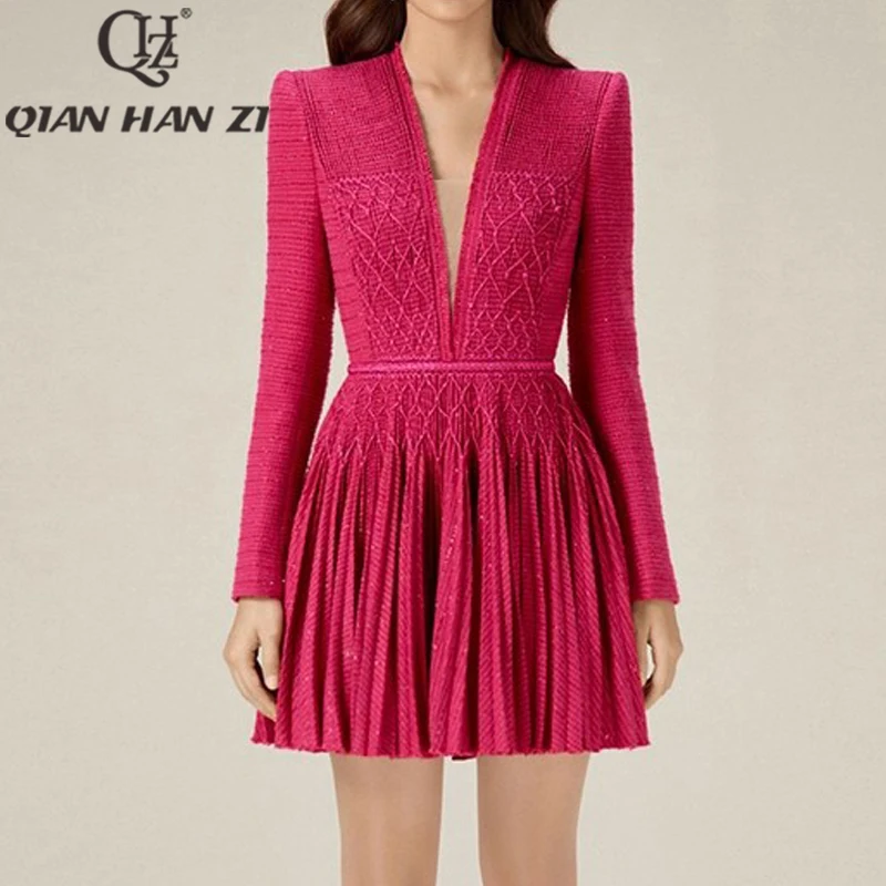 

QHZ, дизайнерское модное винтажное женское платье с V-образным вырезом, высокое качество, ручная работа, плетеная веревка, элегантные складки, роскошное облегающее платье