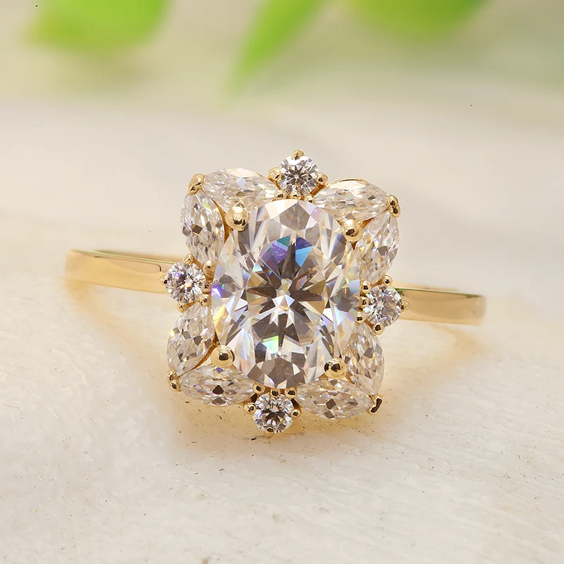 Real 14K Gold Center 2.0ct Oval Cut Moissanite D VVS Engagement Rings for Women Anniversary Gift