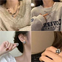 hip hop chessboard black and white plaid love titanium steel sweater necklace female ins sweet cool wiind accessories