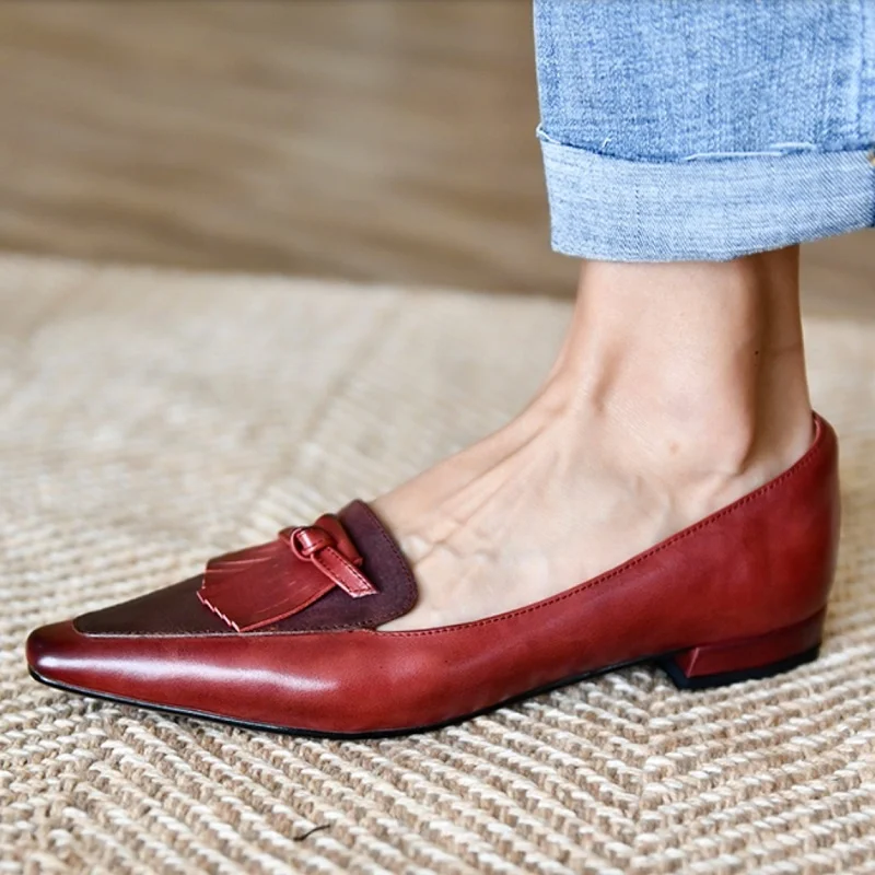 

Flats Cowhide Women‘s Female Retro Simple For Spring Slip On French Style Women Loafers Patchwork Flat Shoes