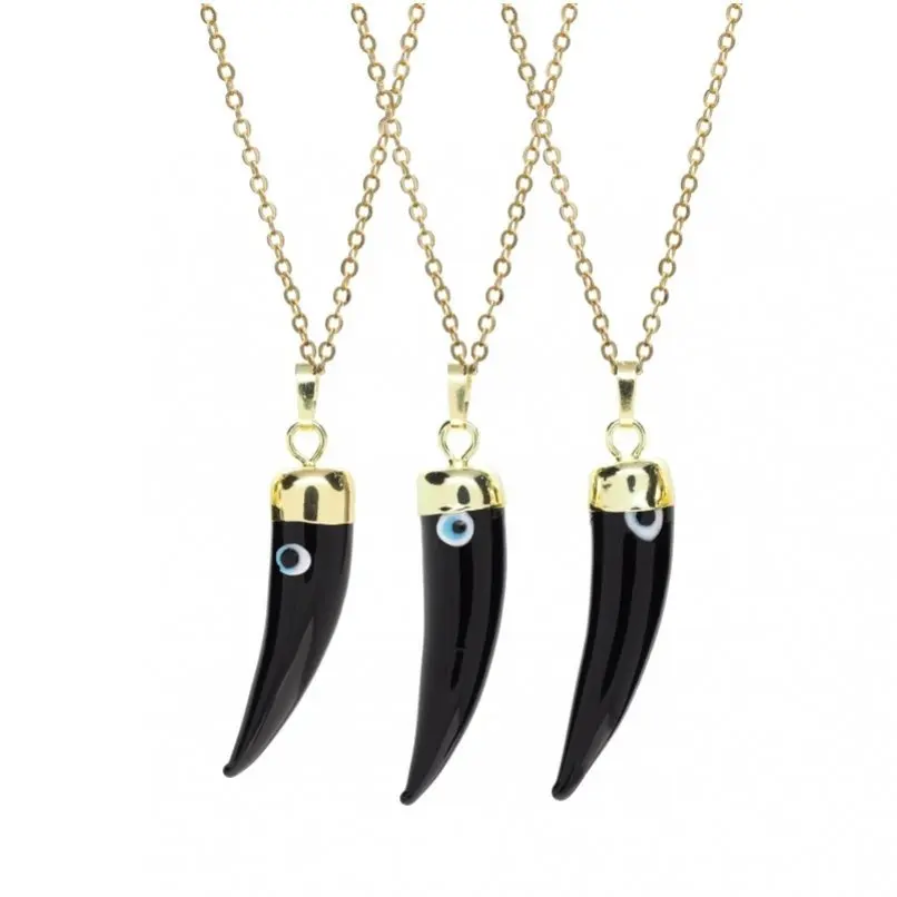

5Pcs Gold Color Black Copper Glass Crystal Azure Stone Horn Tusk Evil Eye Jewelry Necklace