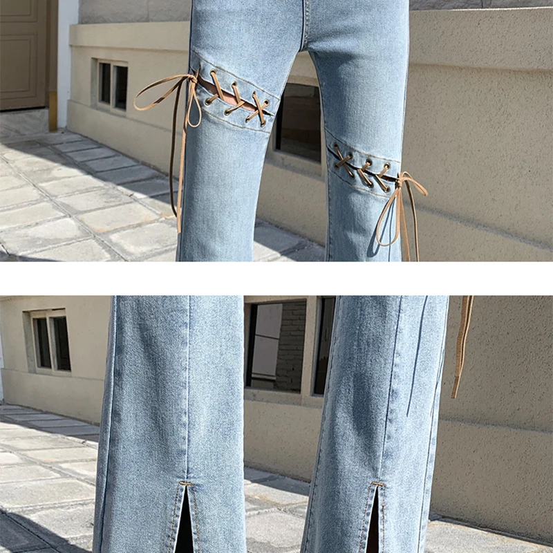 High Waist Flare Jeans Women Lace Up Split Mom Stretch Jeans Ladies Denim Pants Jeans Mujer images - 6